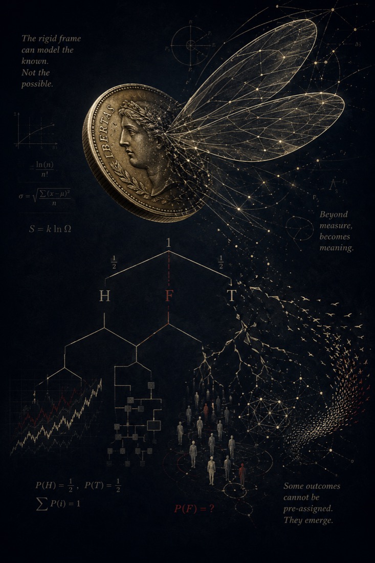 A classical Libertas coin with delicate constellation wings taking flight, above a probability tree branching into Heads, Tails and Flight, dissolving into markets and crowds