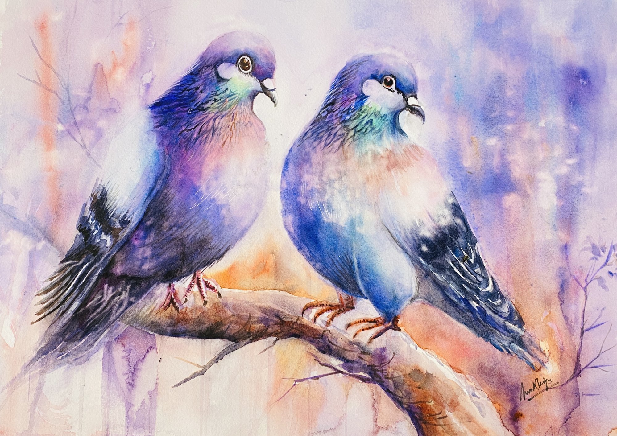 Conversations, watercolour — a pair of violet pigeons on a branch
