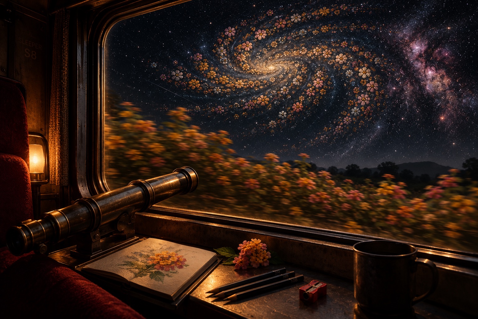 A nocturnal railway sleeper compartment: a brass telescope, an open lantana sketchbook, three graphite pencils, and a night sky whose spiral galaxy is composed of lantana florets.